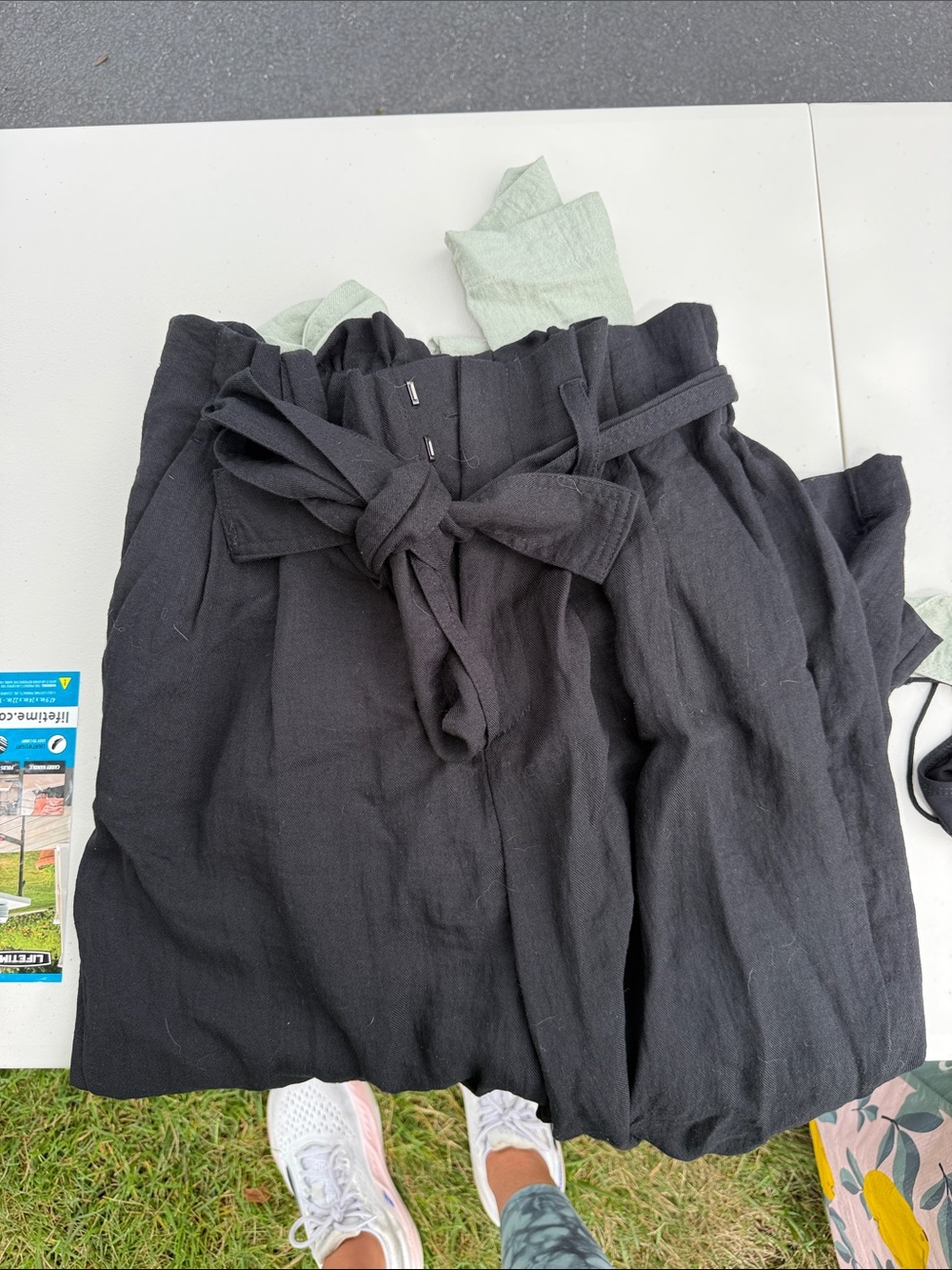 Women's Black & sage Paperbag Waist Tie linen pants - size small (2 pairs)
